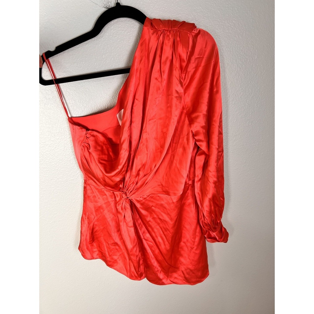 Cinq a Sept Women's Stace One Shoulder‎ Silk Top in Neon Coral Sz Medium NWT